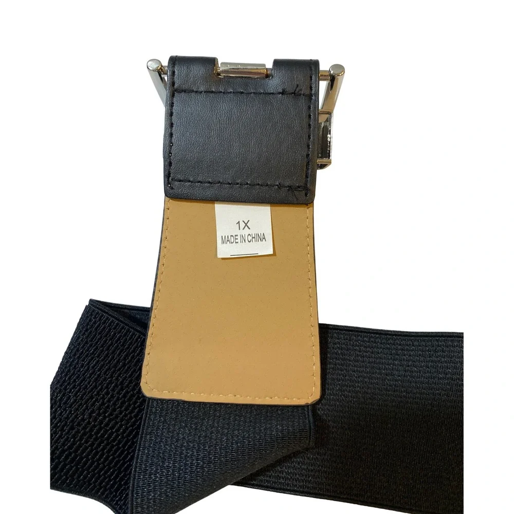 Adrienne Vittadini Black Wide Elastic Cinch Waist‎ Belt Silver Buckle 1X